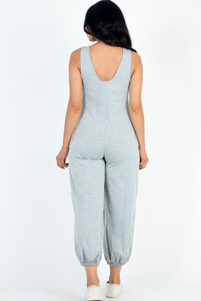 Casual Solid French Terry Sleeveless Scoop Neck Front Pocket Jumpsuit - Capella Apparel