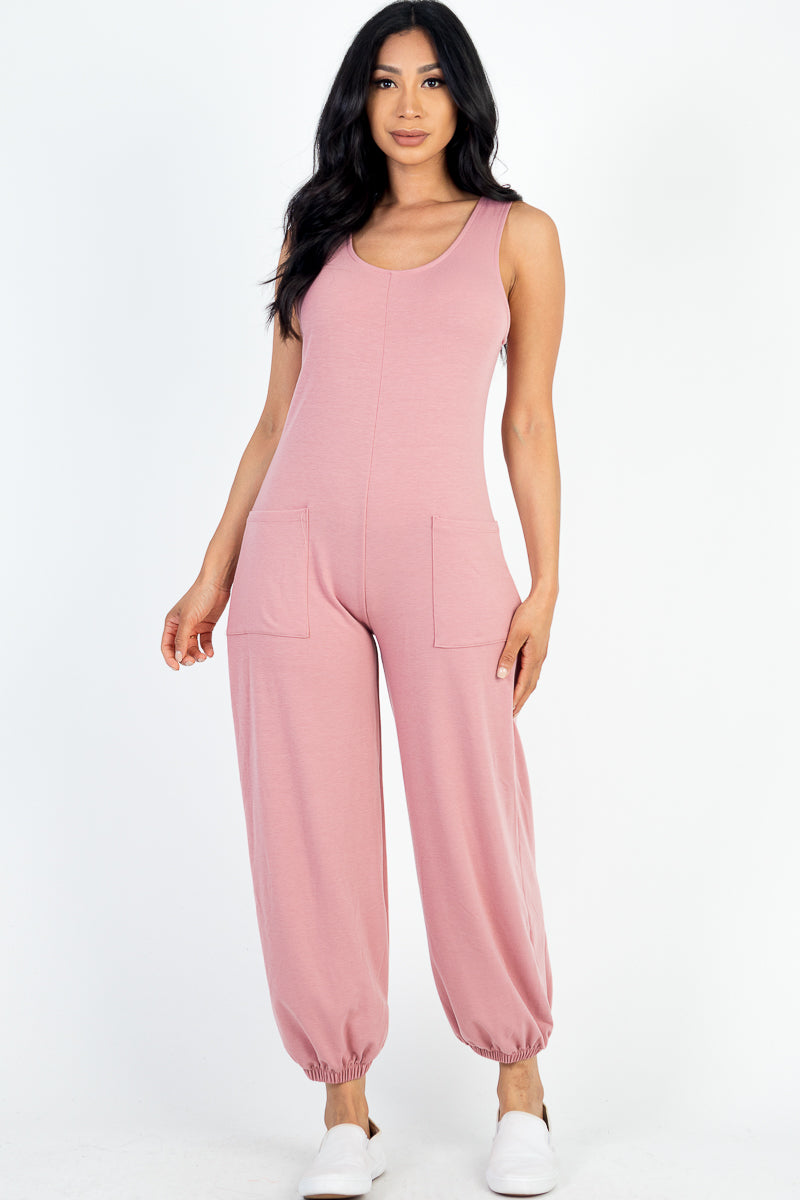 Casual Solid French Terry Sleeveless Scoop Neck Front Pocket Jumpsuit - Capella Apparel