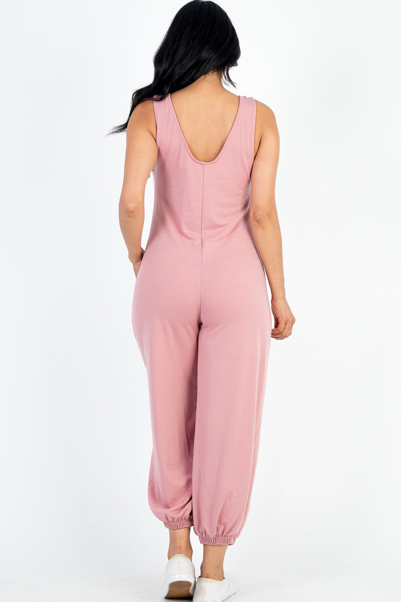 Casual Solid French Terry Sleeveless Scoop Neck Front Pocket Jumpsuit (CAPELLA) - Capella Apparel