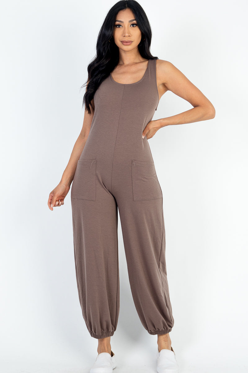 Casual Solid French Terry Sleeveless Scoop Neck Front Pocket Jumpsuit - Capella Apparel