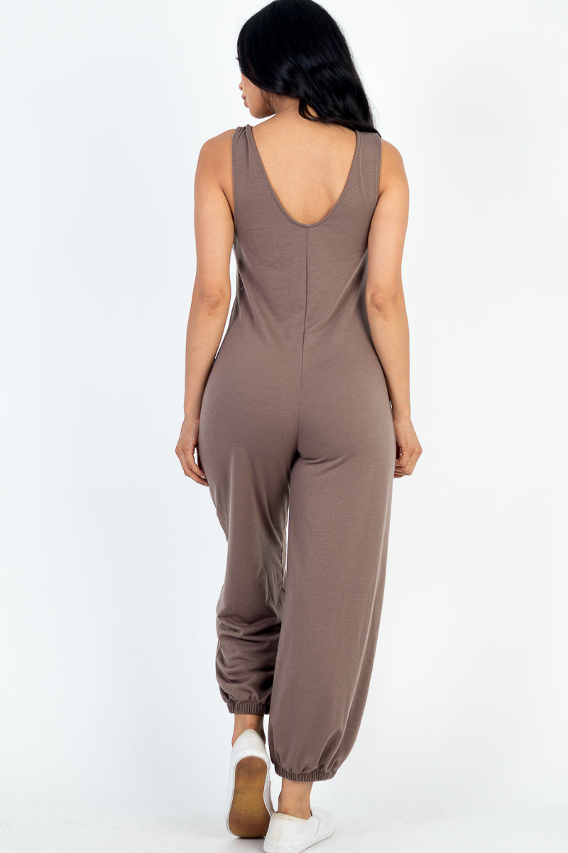 Casual Solid French Terry Sleeveless Scoop Neck Front Pocket Jumpsuit (CAPELLA) - Capella Apparel