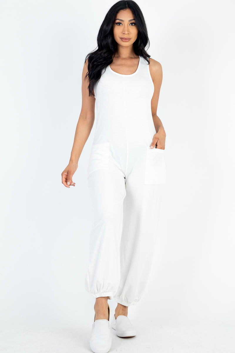 Casual Solid French Terry Sleeveless Scoop Neck Front Pocket Jumpsuit - Capella Apparel