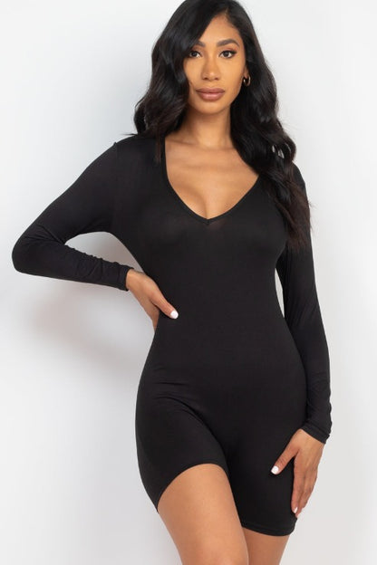 V-Neck Long Sleeve Bodycon Romper - Capella Apparel