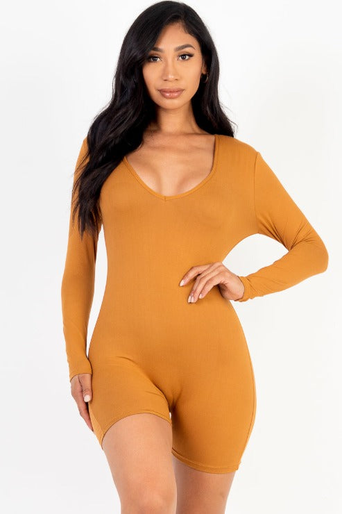 V-Neck Long Sleeve Bodycon Romper - Capella Apparel