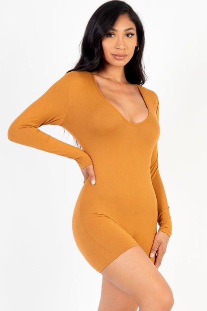 V-Neck Long Sleeve Bodycon Romper - Capella Apparel