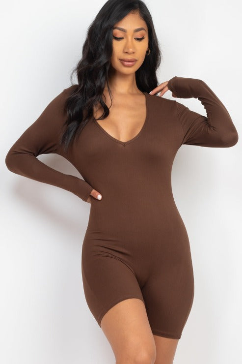 V-Neck Long Sleeve Bodycon Romper - Capella Apparel