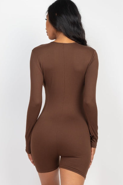 V-Neck Long Sleeve Bodycon Romper - Capella Apparel