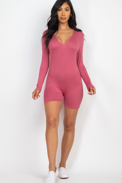 V-Neck Long Sleeve Bodycon Romper - Capella Apparel