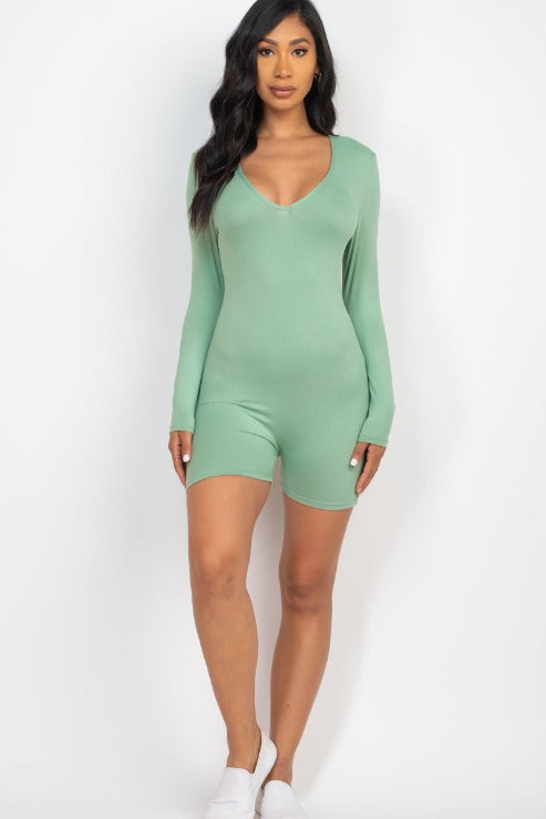 V-Neck Long Sleeve Bodycon Romper - Capella Apparel