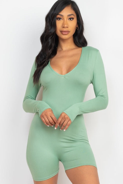 V-Neck Long Sleeve Bodycon Romper - Capella Apparel