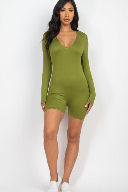 V-Neck Long Sleeve Bodycon Romper - Capella Apparel