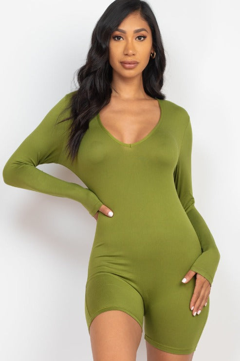 V-Neck Long Sleeve Bodycon Romper - Capella Apparel