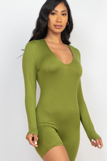 V-Neck Long Sleeve Bodycon Romper - Capella Apparel