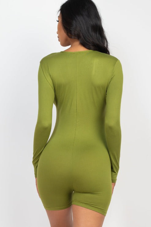 V-Neck Long Sleeve Bodycon Romper - Capella Apparel