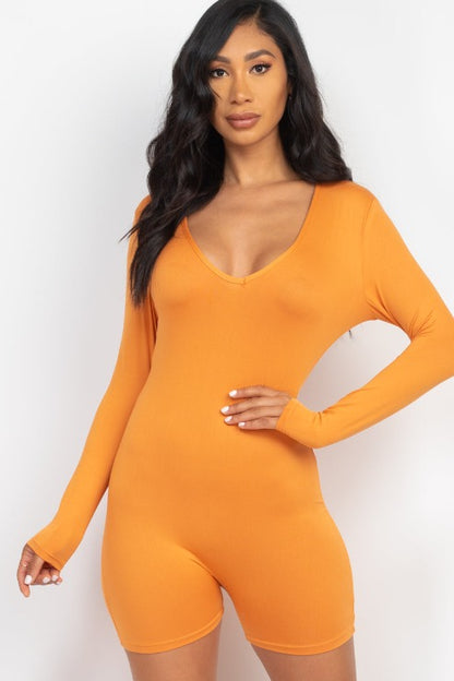 V-Neck Long Sleeve Bodycon Romper - Capella Apparel