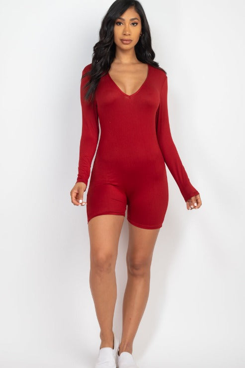 V-Neck Long Sleeve Bodycon Romper - Capella Apparel