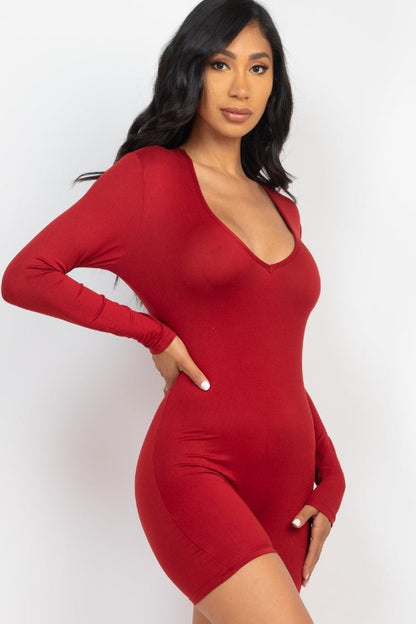 V-Neck Long Sleeve Bodycon Romper - Capella Apparel