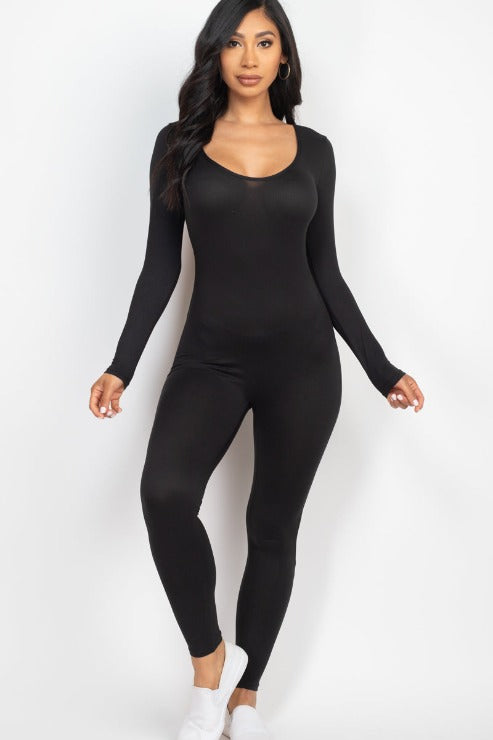 Scoop Neck Long Sleeve Bodycon Jumpsuit - Capella Apparel