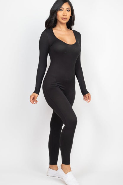 Scoop Neck Long Sleeve Bodycon Jumpsuit - Capella Apparel