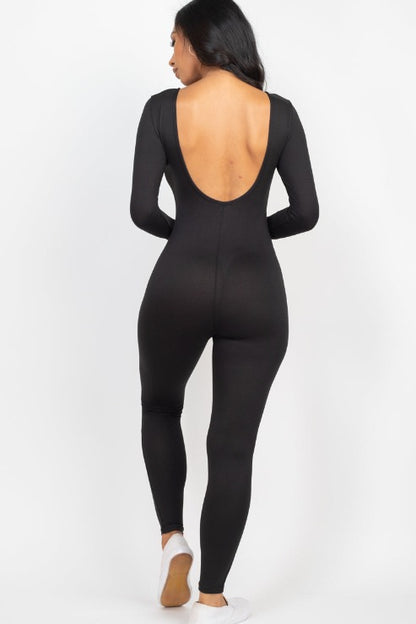 Scoop Neck Long Sleeve Bodycon Jumpsuit - Capella Apparel