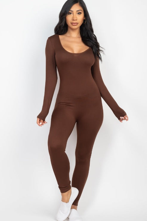 Scoop Neck Long Sleeve Bodycon Jumpsuit - Capella Apparel