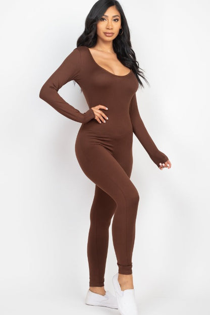 Scoop Neck Long Sleeve Bodycon Jumpsuit - Capella Apparel