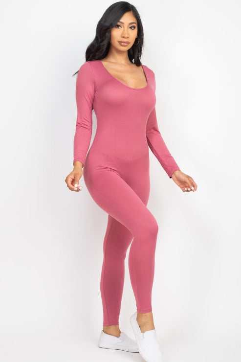 Scoop Neck Long Sleeve Bodycon Jumpsuit - Capella Apparel