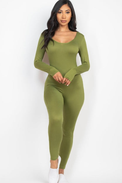 Scoop Neck Long Sleeve Bodycon Jumpsuit - Capella Apparel