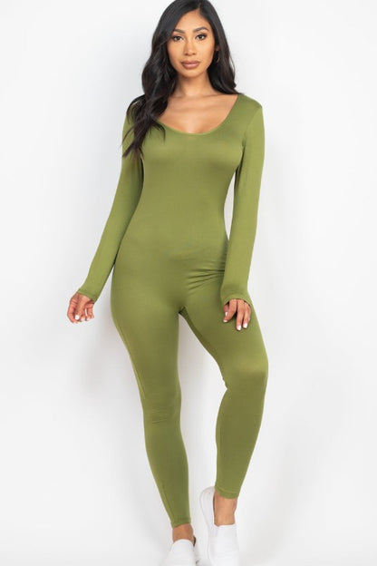 Scoop Neck Long Sleeve Bodycon Jumpsuit - Capella Apparel