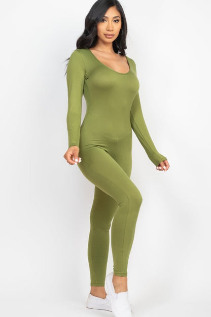 Scoop Neck Long Sleeve Bodycon Jumpsuit - Capella Apparel