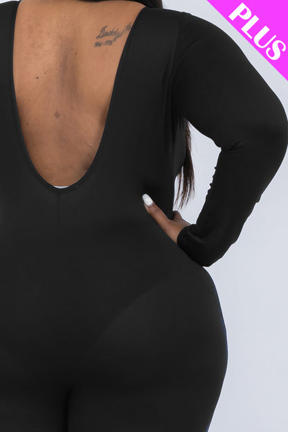 Plus Size Scoop Neck Long Sleeve Bodycon Jumpsuit - Capella Apparel