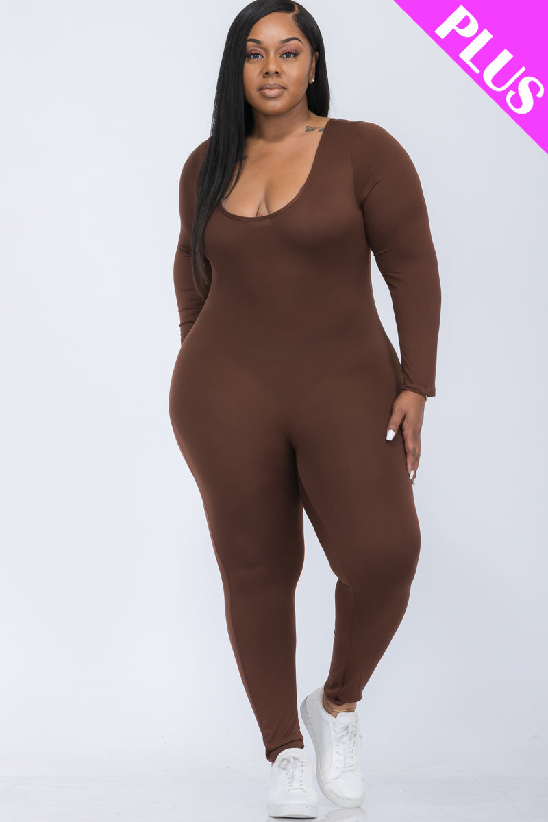 Plus Size Scoop Neck Long Sleeve Bodycon Jumpsuit - Capella Apparel