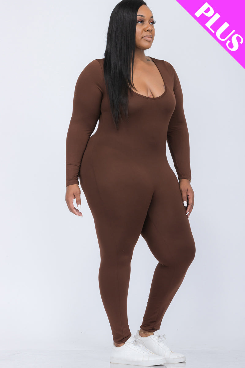 Plus Size Scoop Neck Long Sleeve Bodycon Jumpsuit - Capella Apparel