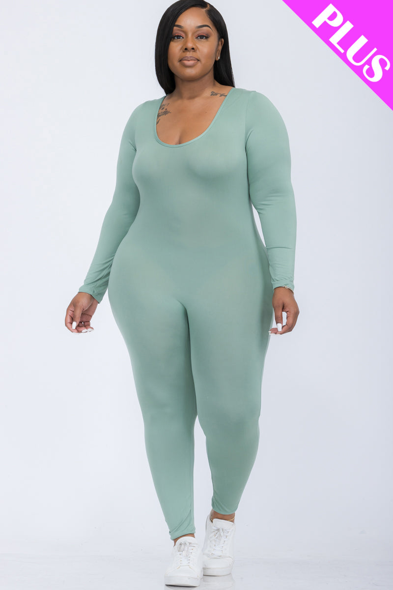 Plus Size Scoop Neck Long Sleeve Bodycon Jumpsuit - Capella Apparel