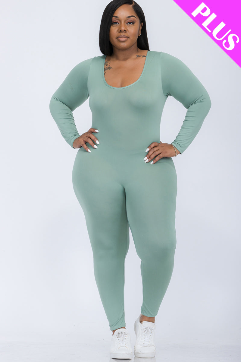 Plus Size Scoop Neck Long Sleeve Bodycon Jumpsuit - Capella Apparel