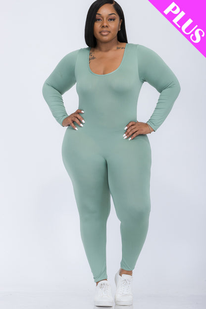 Plus Size Scoop Neck Long Sleeve Bodycon Jumpsuit - Capella Apparel