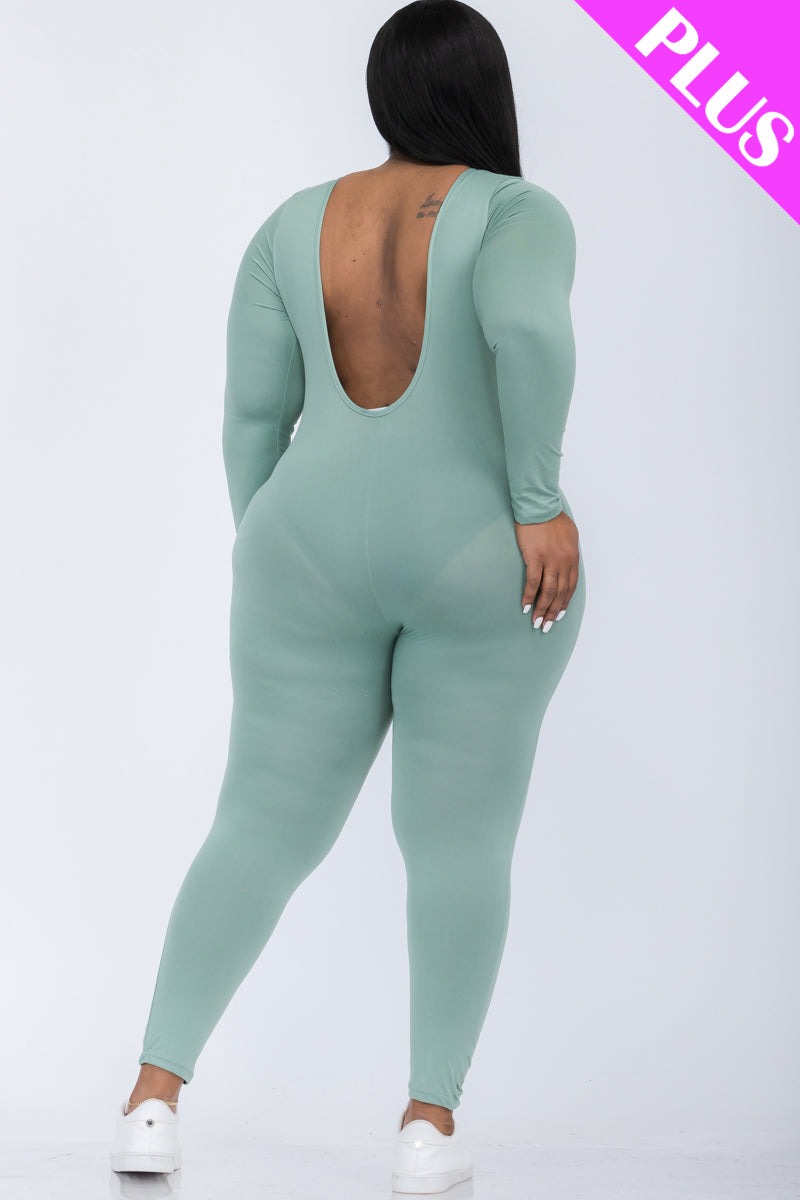 Plus Size Scoop Neck Long Sleeve Bodycon Jumpsuit - Capella Apparel