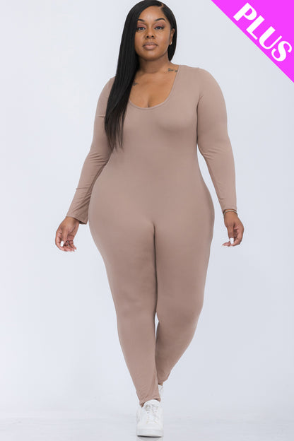 Plus Size Scoop Neck Long Sleeve Bodycon Jumpsuit - Capella Apparel