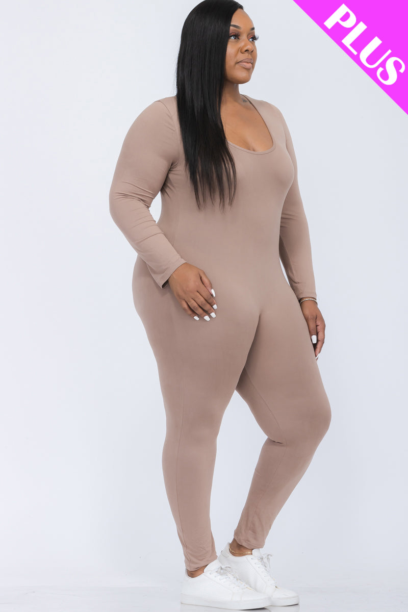 Plus Size Scoop Neck Long Sleeve Bodycon Jumpsuit - Capella Apparel