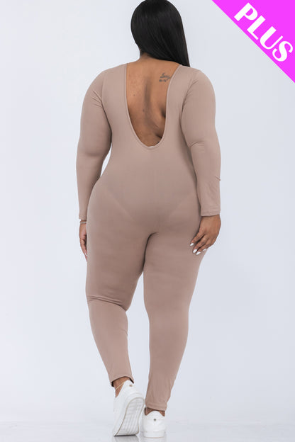 Plus Size Scoop Neck Long Sleeve Bodycon Jumpsuit - Capella Apparel