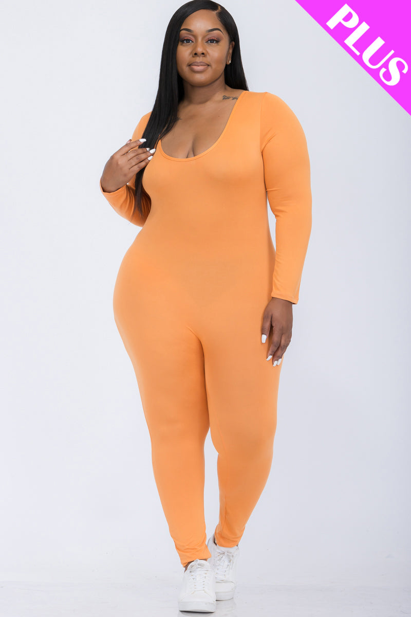 Plus Size Scoop Neck Long Sleeve Bodycon Jumpsuit - Capella Apparel