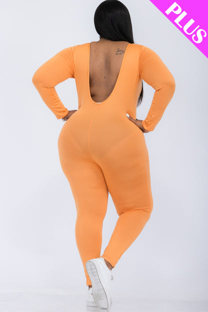 Plus Size Scoop Neck Long Sleeve Bodycon Jumpsuit - Capella Apparel