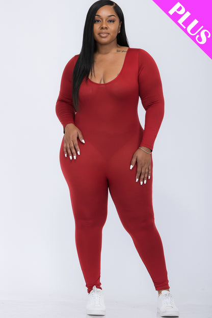 Plus Size Scoop Neck Long Sleeve Bodycon Jumpsuit - Capella Apparel