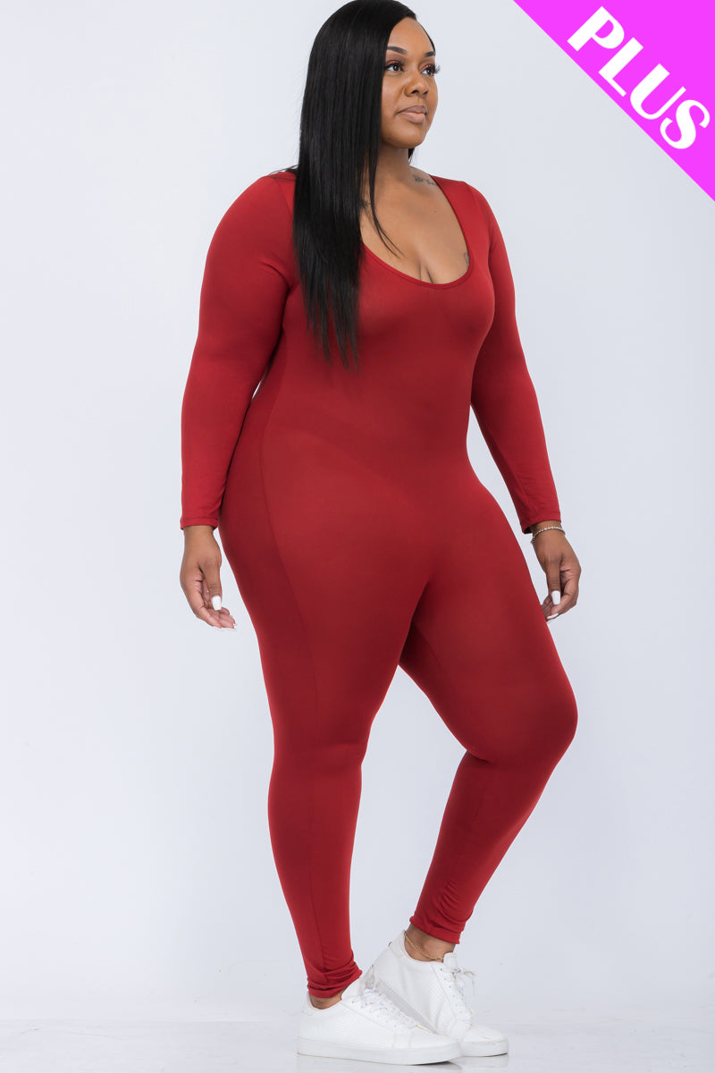 Plus Size Scoop Neck Long Sleeve Bodycon Jumpsuit - Capella Apparel