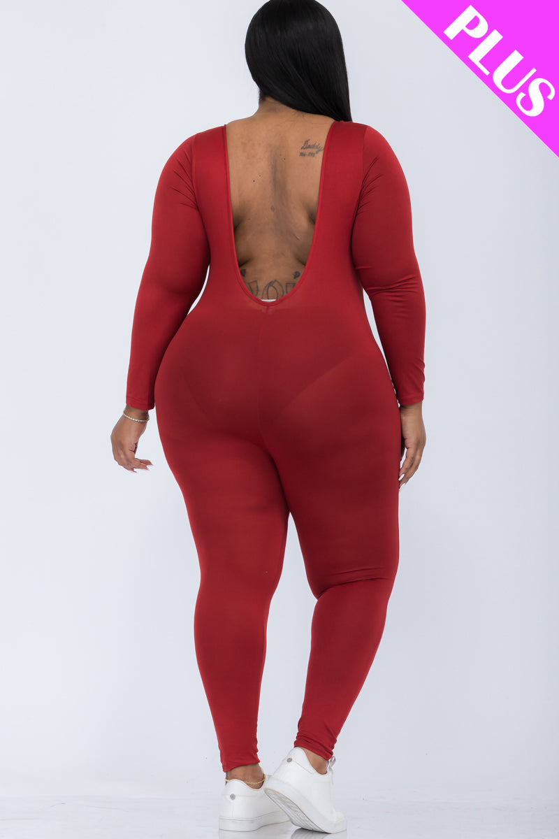 Plus Size Scoop Neck Long Sleeve Bodycon Jumpsuit - Capella Apparel