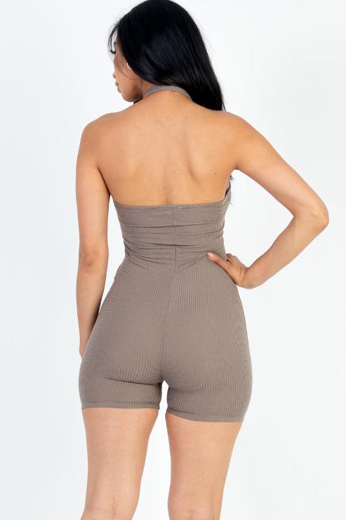 Ribbed Halter Neck Backless Romper - Capella Apparel