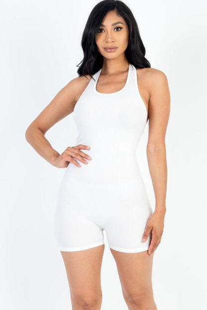 Ribbed Halter Neck Backless Romper - Capella Apparel