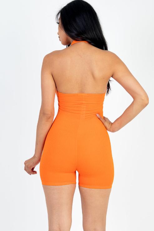 Ribbed Halter Neck Backless Romper - Capella Apparel