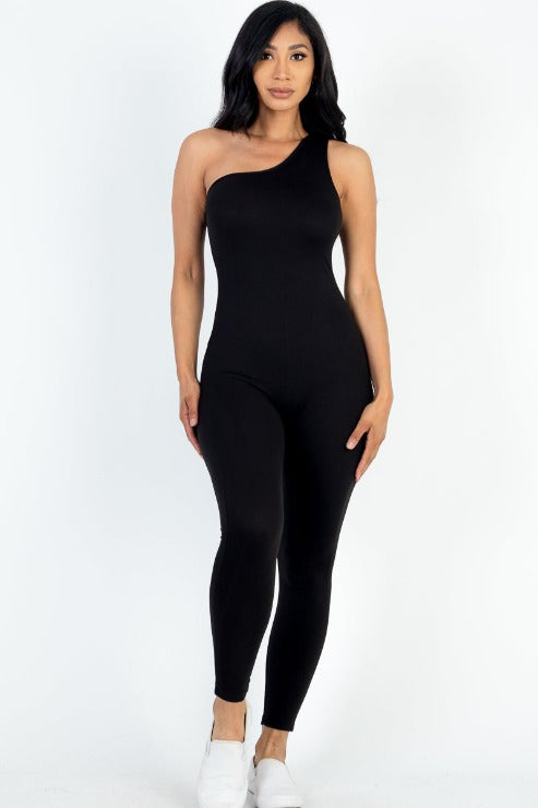 Solid Color One Shoulder Jumpsuit - Capella Apparel