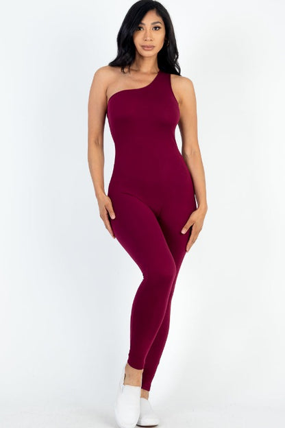 Solid Color One Shoulder Jumpsuit - Capella Apparel